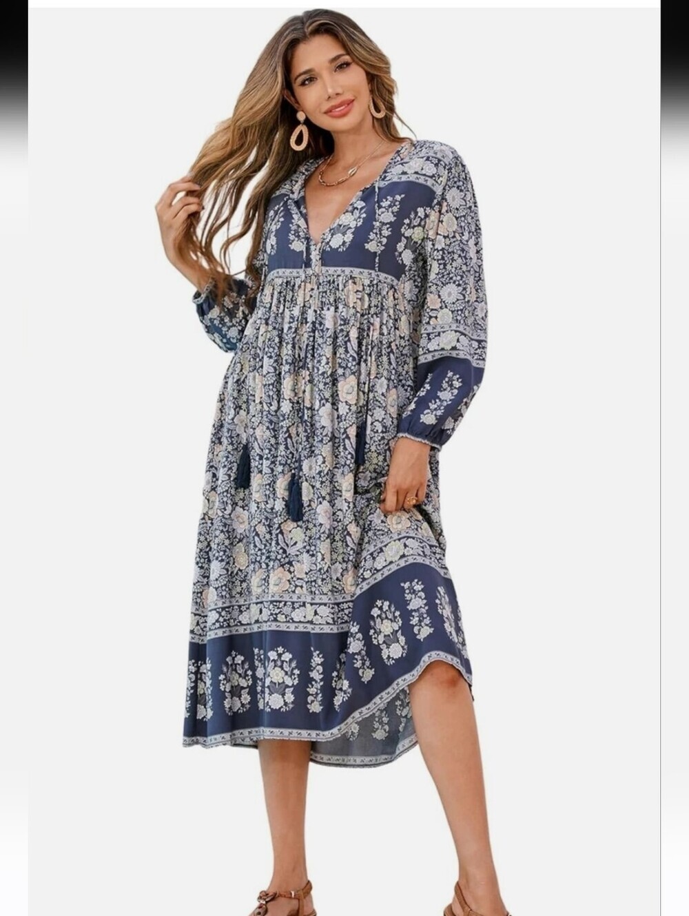 R. Vivimos Women's Long Sleeve Floral  Womens Print Retro Neck Tassel Sz Sm NWT